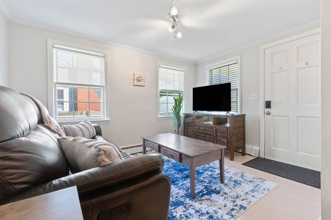 Living room with a leather reclining sofa, wood coffee table on a blue rug, TV on a wood console, three windows and a white door.