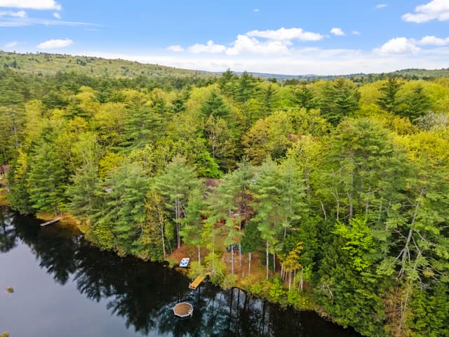 Aerial view of a wooded lakeshore with a small dock, a floating platform in the water and forested hills beyond.