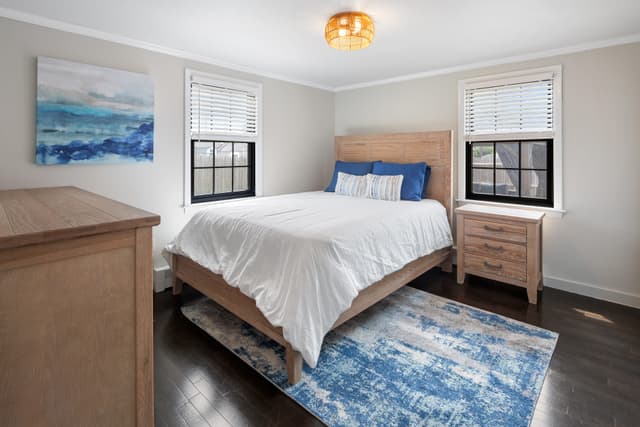 Bedroom with a wood-frame bed, white bedding, nightstand, dresser, blue abstract rug, and two windows with blinds.